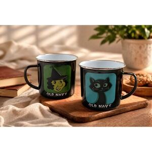 Old Navy Enamel Metal Mug Halloween Witch & Black Cat Camp Cup 10-12 oz Black‎
